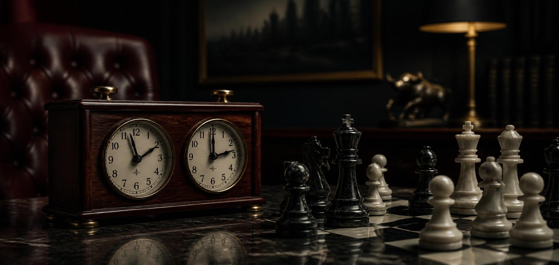 Wooden chess clock beside marble chess pieces